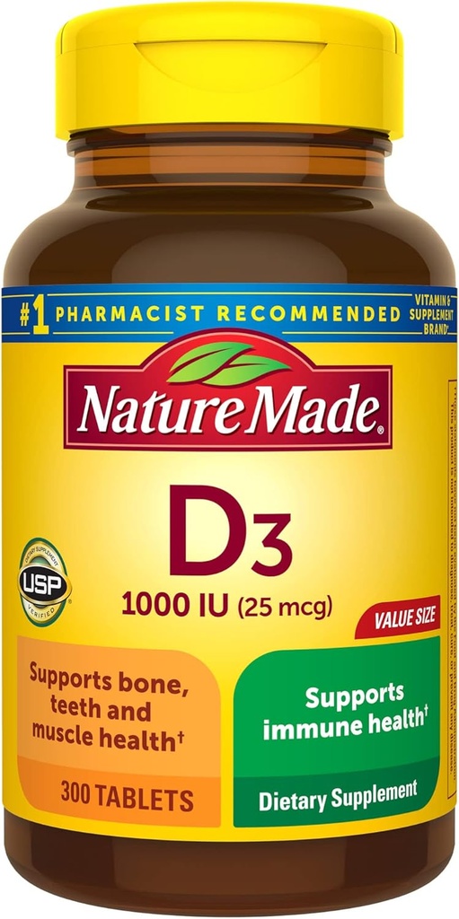 Nature Made Vitamina D3 1000 UI (25 mcg), Suplemento de vitamina D para el Hueso, Dientes, Musculo y Apoyo a la Salud Inmunitaria, 300 Tabletas, 300 Day Supply