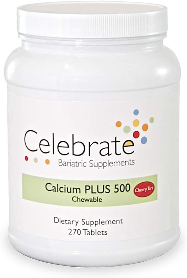 Celebrar vitaminas Calcio Plus - 500 mg Citrato de Calcio, 333 UI Vitamina D3 &amp; 34 mg Magnesio para Cirugía Postcaria - Sin gluten &amp; Libre de Azúcar - Cereza, 270 Tabletas Chewable