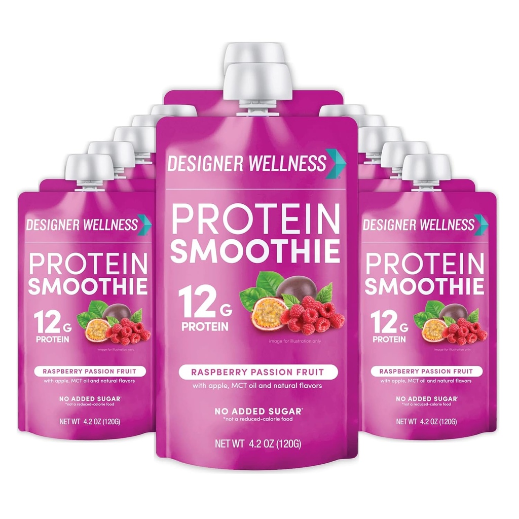 Diseñador Wellness Protein Smoothie, Fruta Real, 12g Proteína, Bajo Carb, Cero Añadido Azúcar, Libre de gluten, No GMO, No Colores Artificiales o Sabores, Fruta de Pasión de Fresa, 12 Conde
