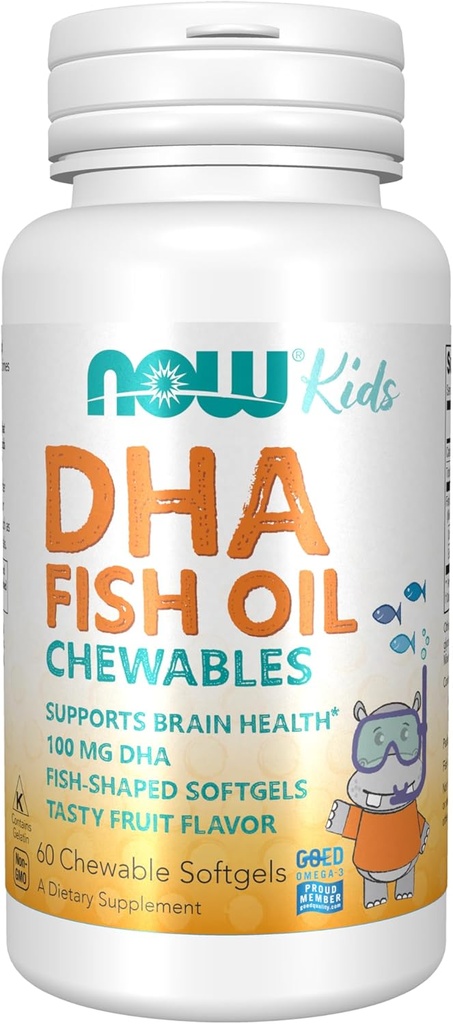 AHORA Suplementos de alimentos, DHA Kids 100 mg, soporta salud cerebral*, sabor frutal, 60 Softgels Chewable, embalaje puede variar