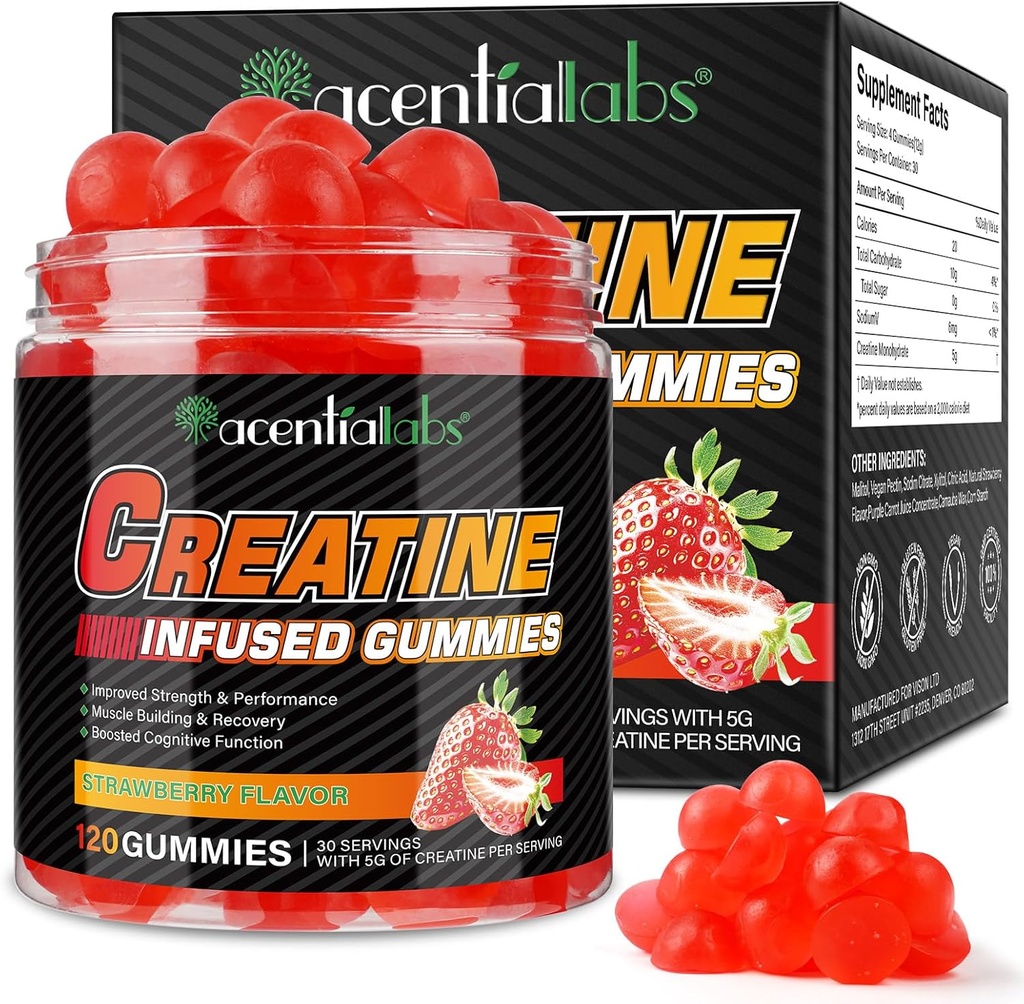 Cretina Monohydrate Gummies Creatine Monohydrate por Serving Chewable Creatine for Muscle Builder, Energy Boost, 120 Gummies