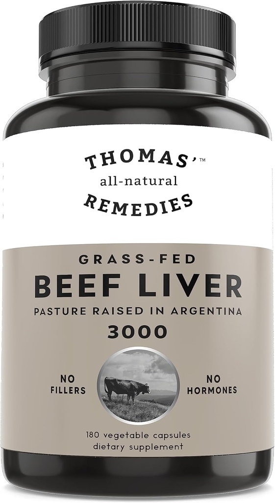 Remedios naturales de Thomas Grasfed Beef Liver Suplemento, 3000mg Liver Support Suplemento, Pasture Raised in Argentina, Non-GMO &amp; Hormone Free (180 Caps)