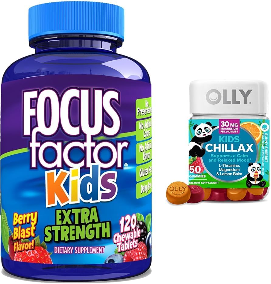 Factor de foco Kids Extra Strength Daily Chewable Brain Health Support + OLLY Kids Chillax Calm Chews, 50 Count