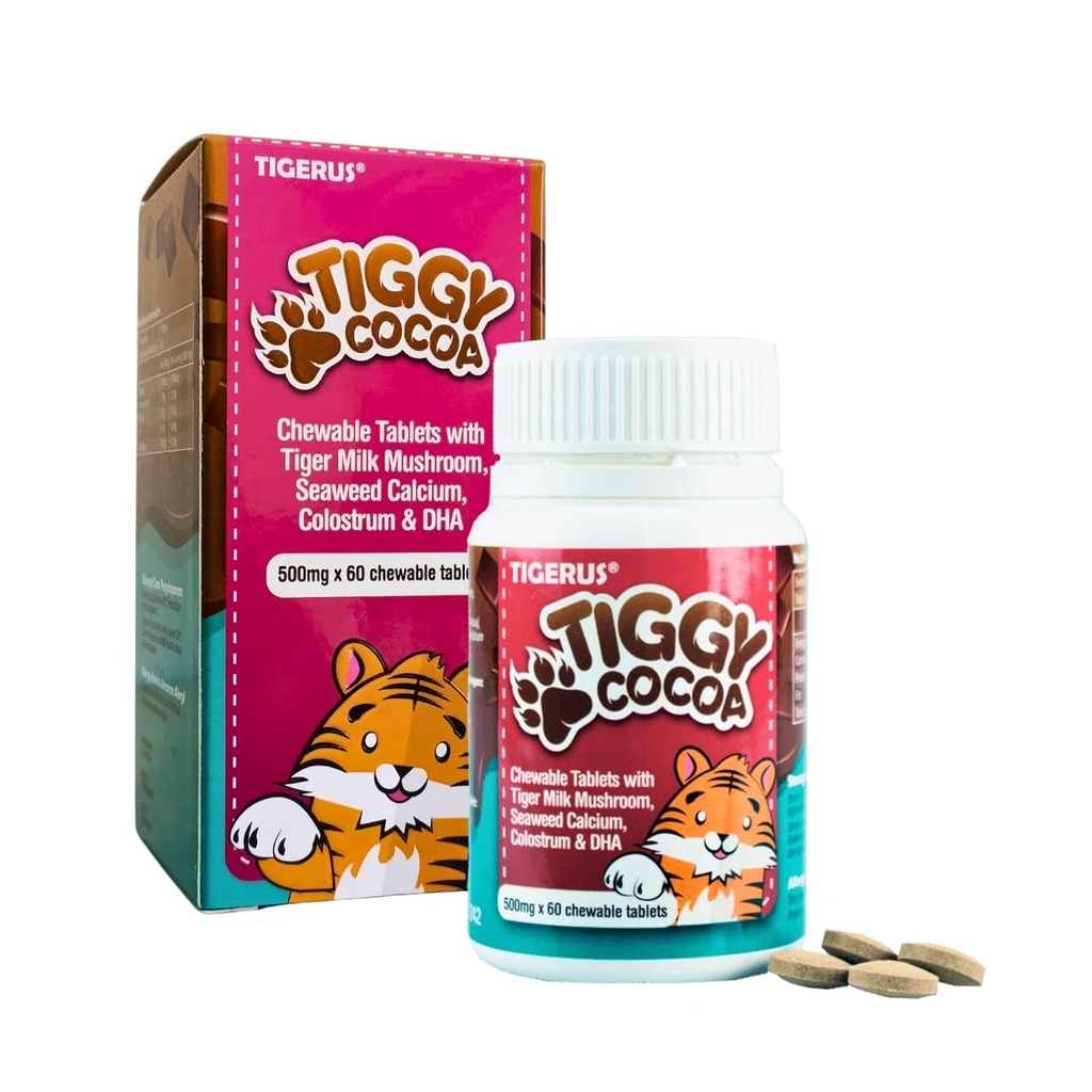 TIGGY Cocoa Mesas con hongo de leche tigre – Delicioso, Conveniente y Nutritious Cocoa-Based Suplemento para la energía, el bienestar y la salud general – 60 tabletas, niños y adultos