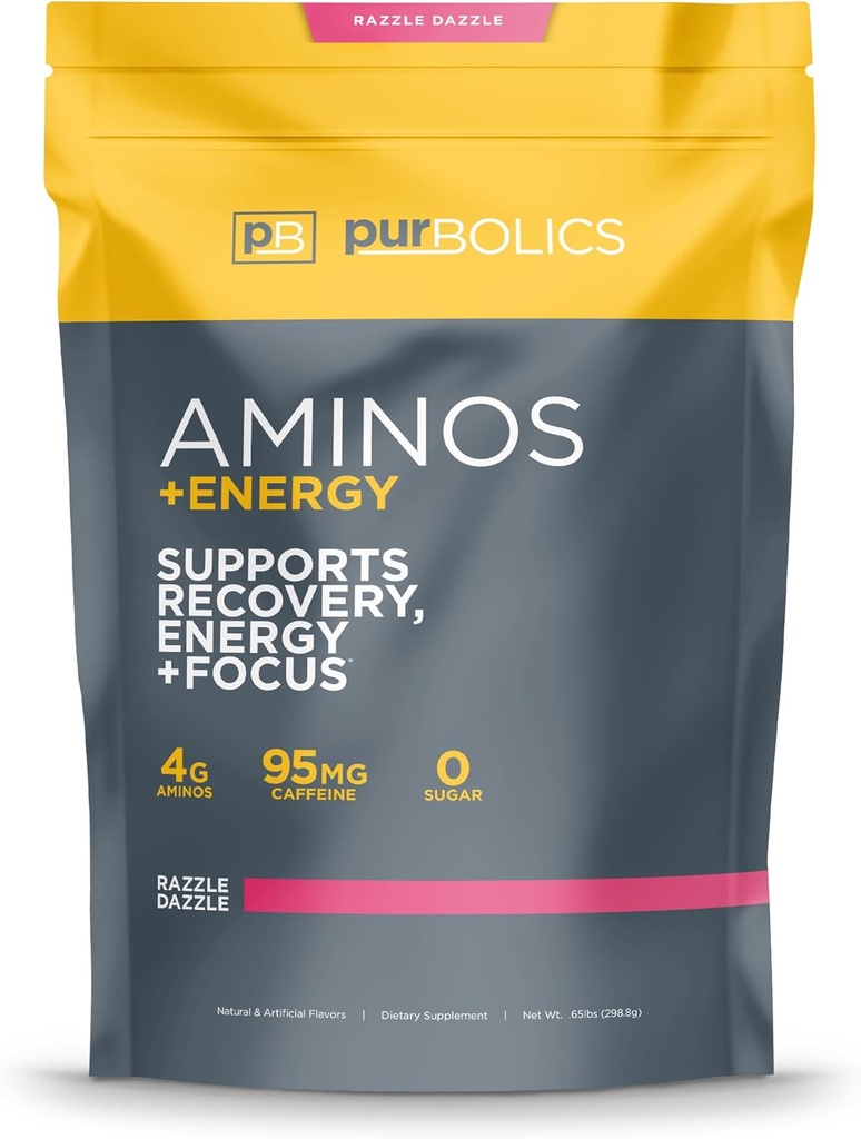 Purbolics Aminos + Energy | Supports Recovery, Energy & Focus | 95mg of Caffeine, 0 Sugar & 60 Servings (Razzle Dazzle)