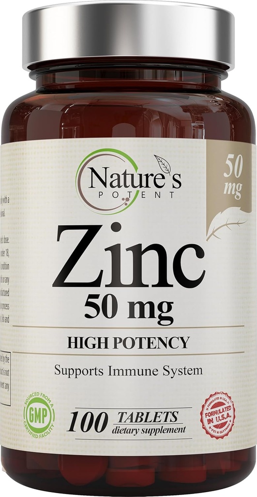 Zinc 50mg [High Potency] Suplemento - Sistema de Soporte Inmunitario de Zinc Natural (Oxide/Citrate) 100 Tabletas, Hecho por el Potent de la Naturaleza.