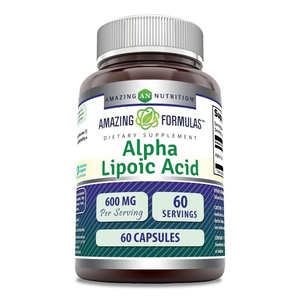 Fórmulas asombrosas Ácido Lipoico alfa TENIDO 600 Mg Por Servir Suplemento TENIDO Capsules TENIDO NO-OMG TENIDO Gluten Free TEN Made in USA (1 Pack ANTE 60 Conteo)