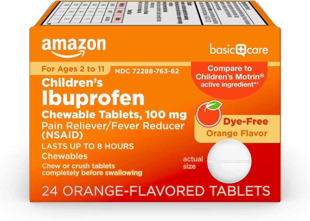   Basic Care Children's Ibuprofen Chewable Tablets, Pain Reliever and Fever Reducer, Orange Flavor, Ages 2-11, Lasts up to 8 Hours, 100 mg, 24 Count