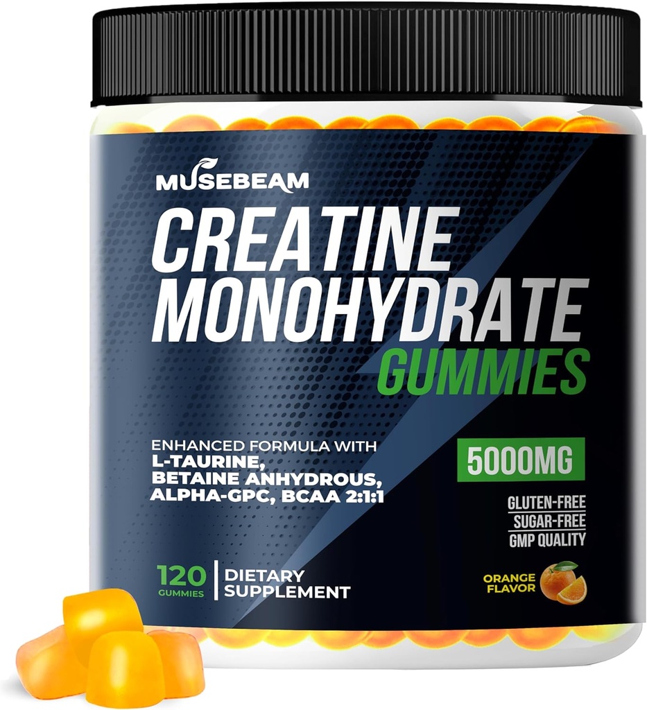 Creatine Monohydrate 5000mg Supplement Gummies - with L-Taurine Betaine Anhydrous Alpha-GPC BCAA 2:1:1 - Sugar-Free Gluten Free for Men Women