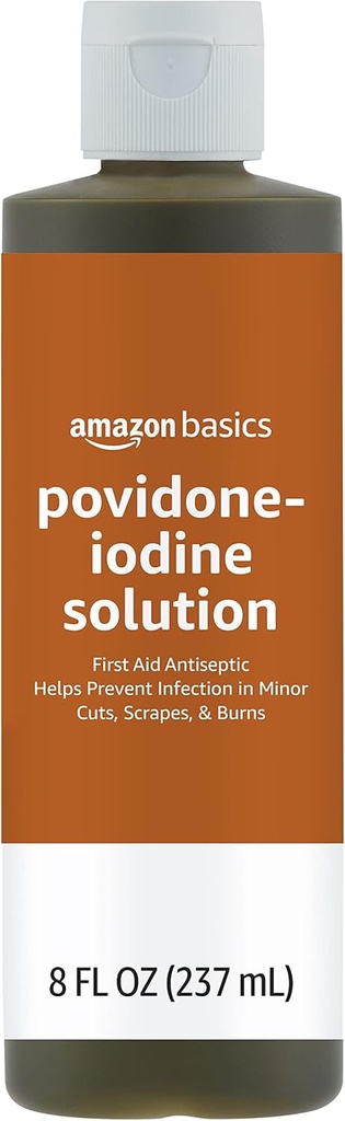 Basics First Aid Antiseptic, 10% Povidone Iodine Solution First Aid Antiseptic, Unflavored, 8 Fluid Ounces, 1-Pack (antes Solimo)