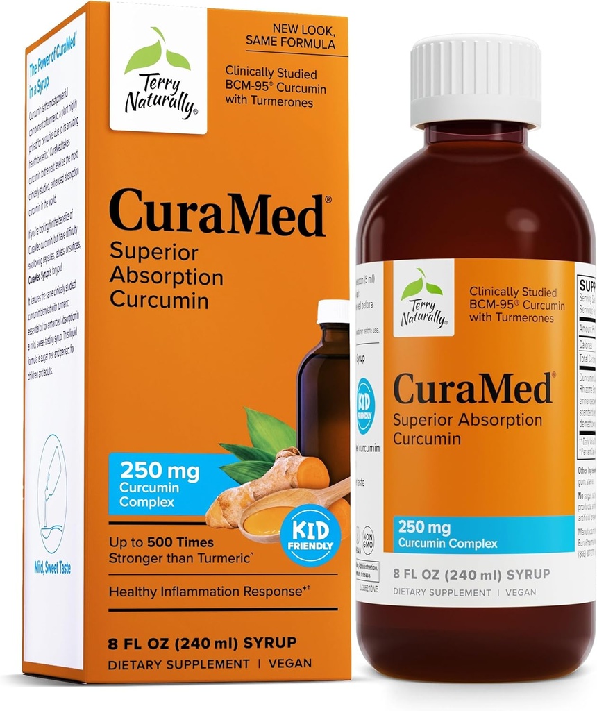 Terry Naturalmente CuraMed Syrup - Brain &amp; Immune Health Support Supplement - Curcumin Absorption Formula with Turmeric Essential Oil - Gluten-Free & Vegan Supplement - 8 fl oz