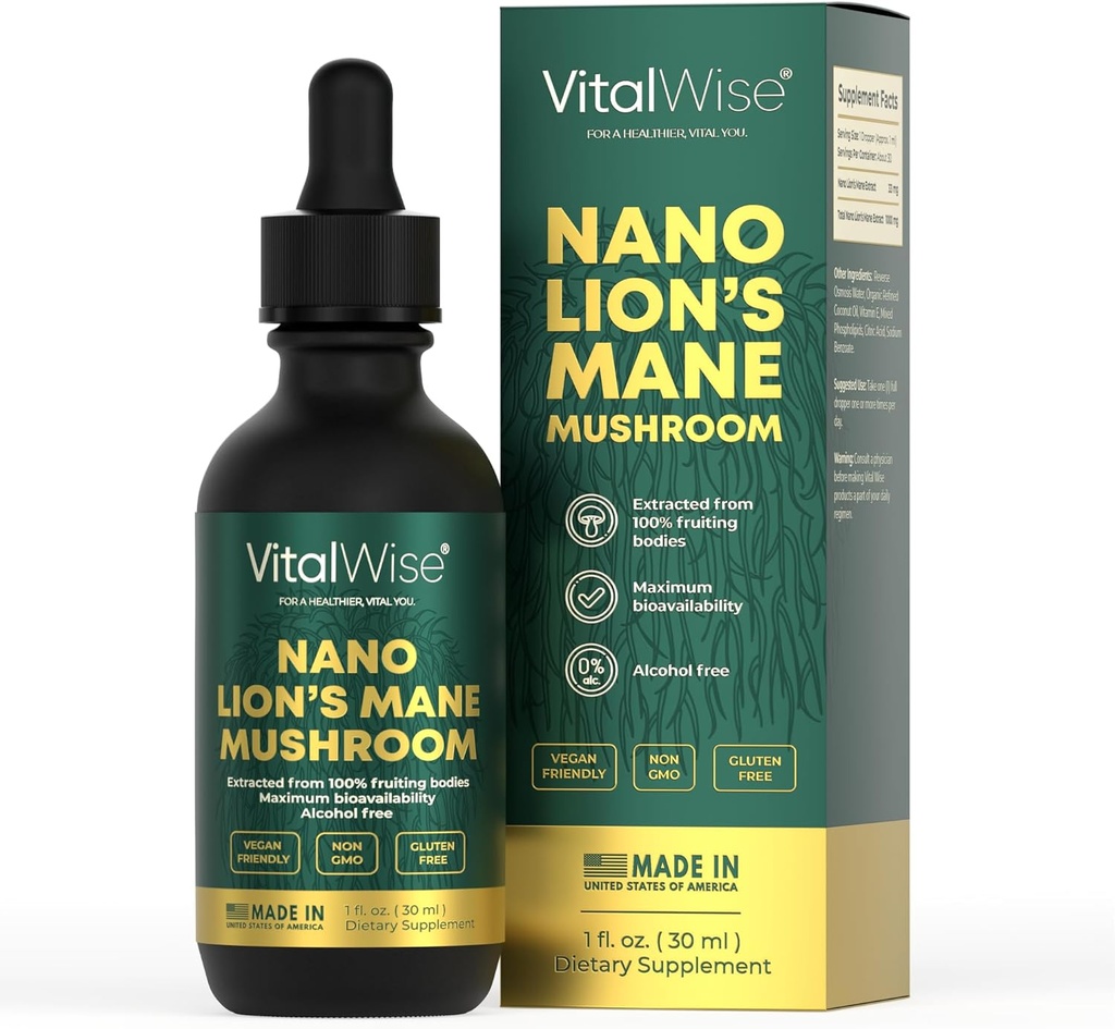Nano Lion's Mane Mushroom Tintura - Absorción rápida y máxima Cerebro &amp; Apoyo inmunitario Extracto líquido orgánico para la memoria natural, enfoque &amp; claridad