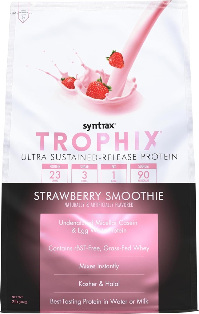 Sintrax Nutrition Trophix, Ultra Sustained-Release Protein Powder Blend, Strawberry Smoothie, 2 libras.