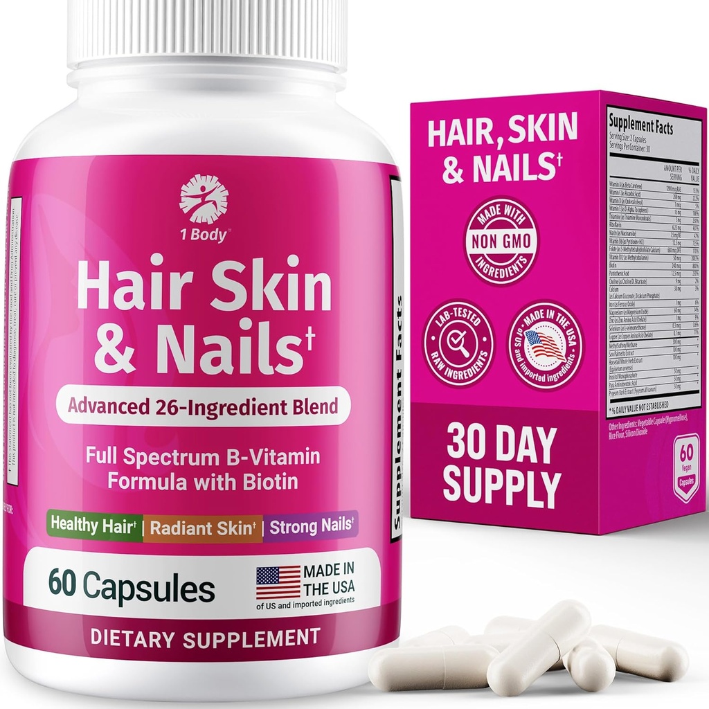 1 Body Hair Skin and Nails Vitamins with Biotin – Hair Growth Supplement for Women & Men with 26 Vitamins, Minerals & Herbal Extracts – Stronger Hair, Healthy Skin & Nails – 60 Vegan Capsules