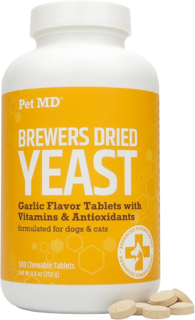 Pet MD Garlic & Brewers Yeast for Dogs & Cats - Garlic and Yeast Plus Antioxidants - Brewer's Yeast Tablets for Dogs & Cats - Vitamin B 1 & Vitamin C - 500 ct