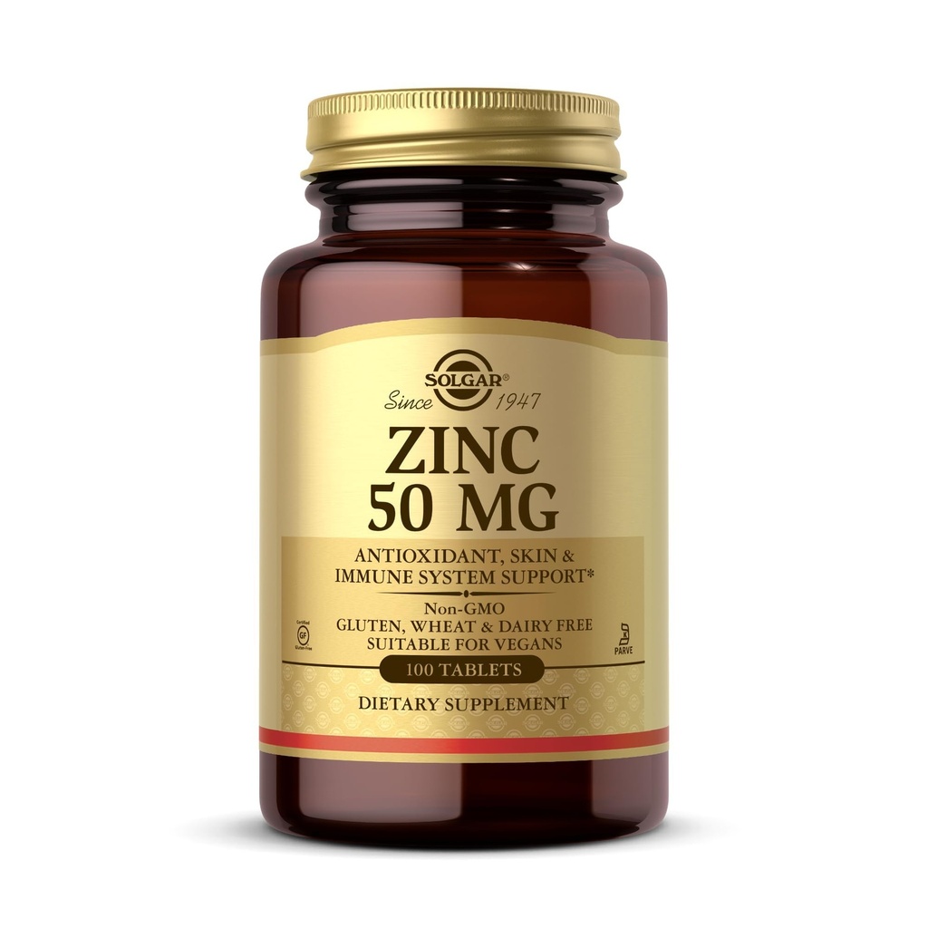 Solgar Zinc 50 mg, 100 Tabletas - Zinc for Healthy Skin, Taste & Vision - Immune System & Antioxidant Support - Supports Cell Growth &amp; DNA Formation - Non GMO, Vegan, Gluten Free - 100 Servings