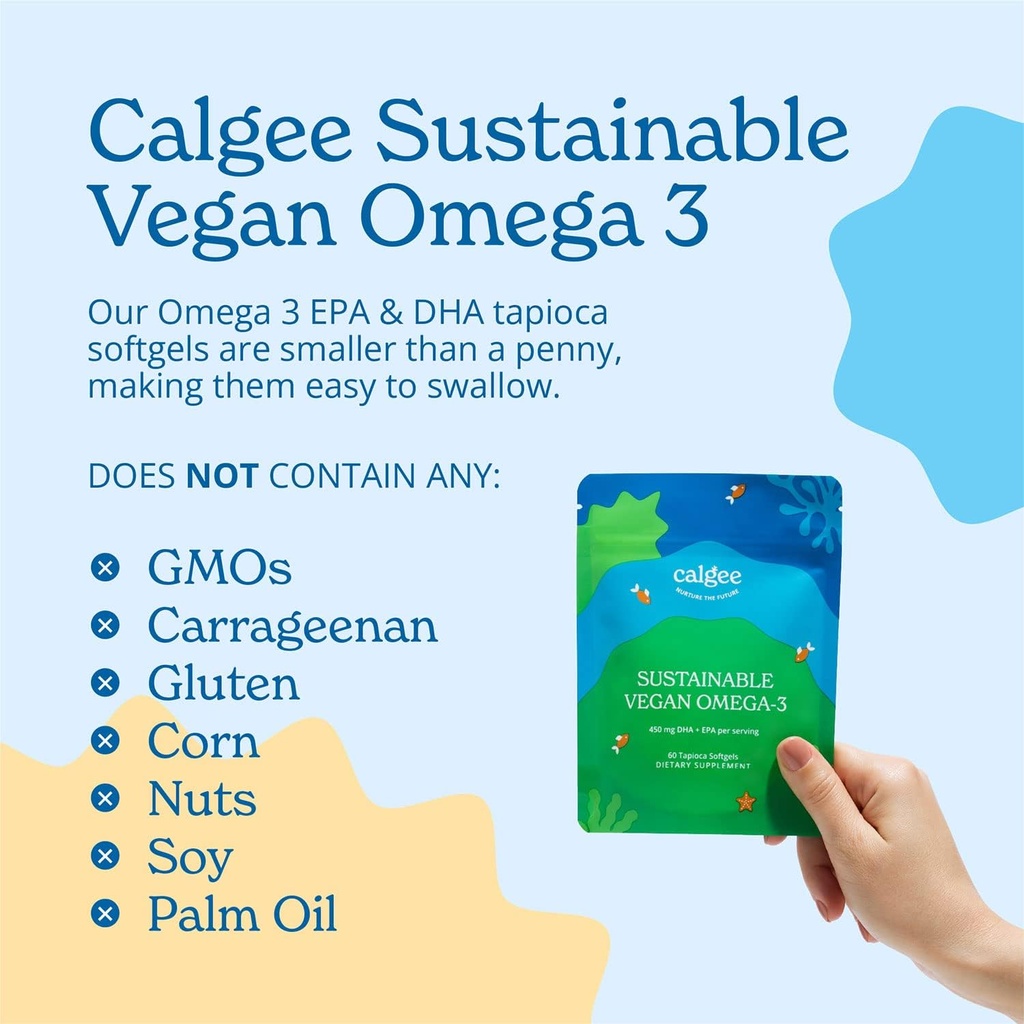 Calgee Vegan Omega 3-450mg DHA &amp; EPA Fatty Acids - Aceite de Algas Sostenibles - Aceite de pescado de base vegetal Alternativa - Softgels sin carrageenano (60 Ct)