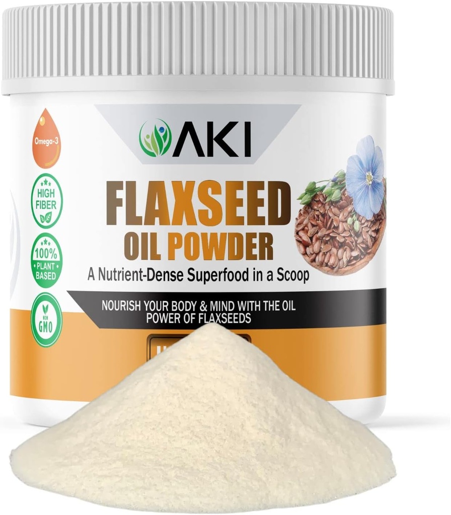 AKI Flaxseed Oil Powder - Empaquetado con nutrientes esenciales Como ácidos grasos Omega-3, fibra, " Lignans - libre de aditivos artificiales, hecho con ingredientes de calidad ideal (5.30oz/150g)