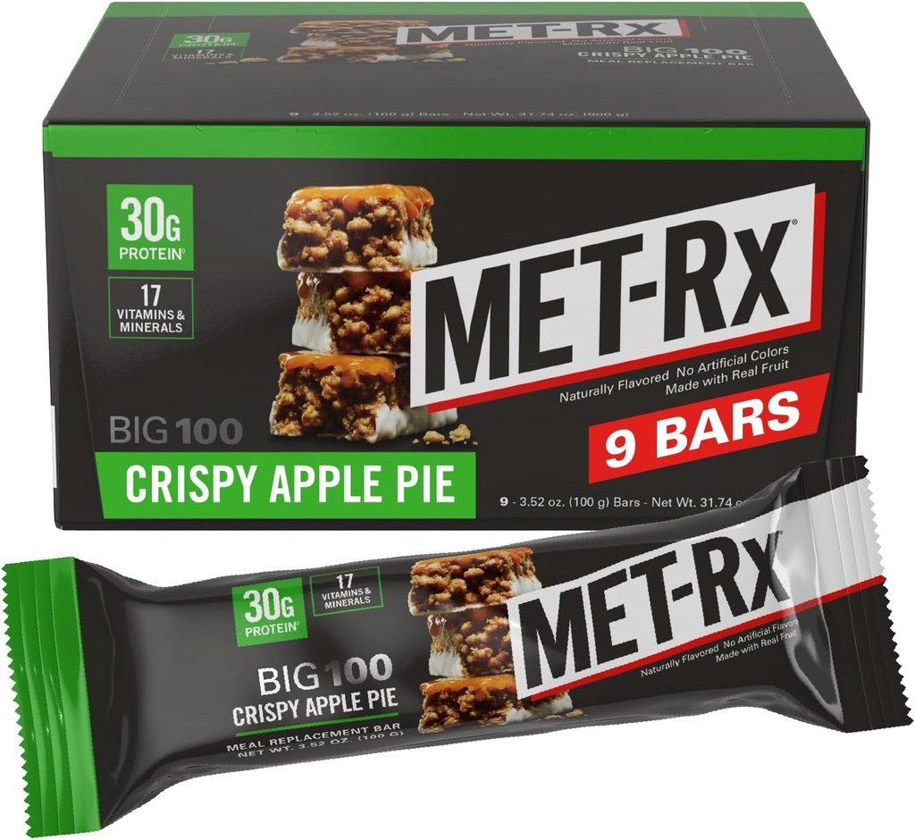 MET-Rx Big 100 Colossal Protein Bares, Crispy Apple Pie Meal Replacement Bares, 9 Cuenta