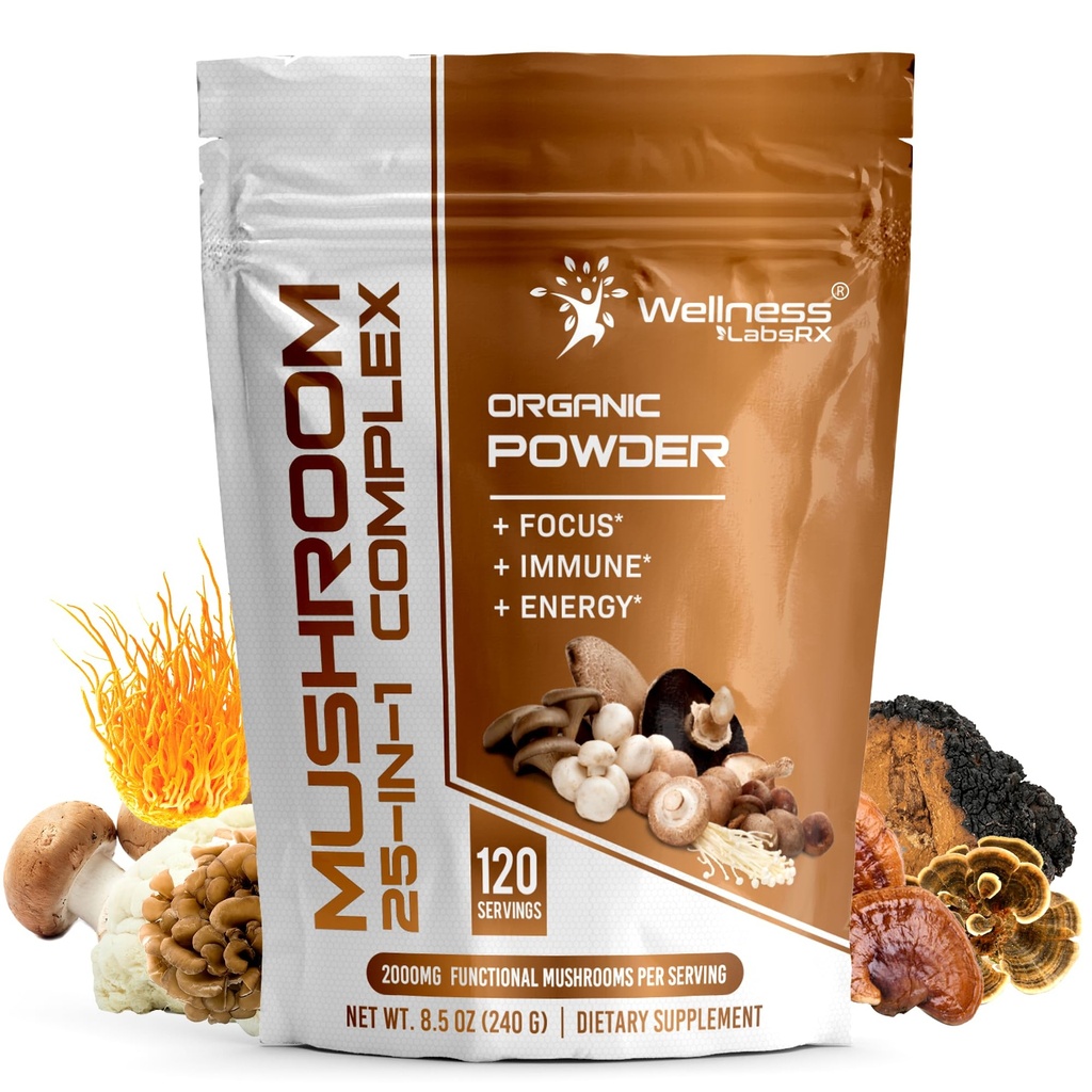 WELLNESS LABSRX Mushroom Powder, 25 en 1 Mushrooms Suplemento - 2000mg, 25 Superfood Mishroom Lions Mane Powder con Chaga, Shiitake, Cordyceps, Reishi - Lion's Mane Mushroom - 120 Servings