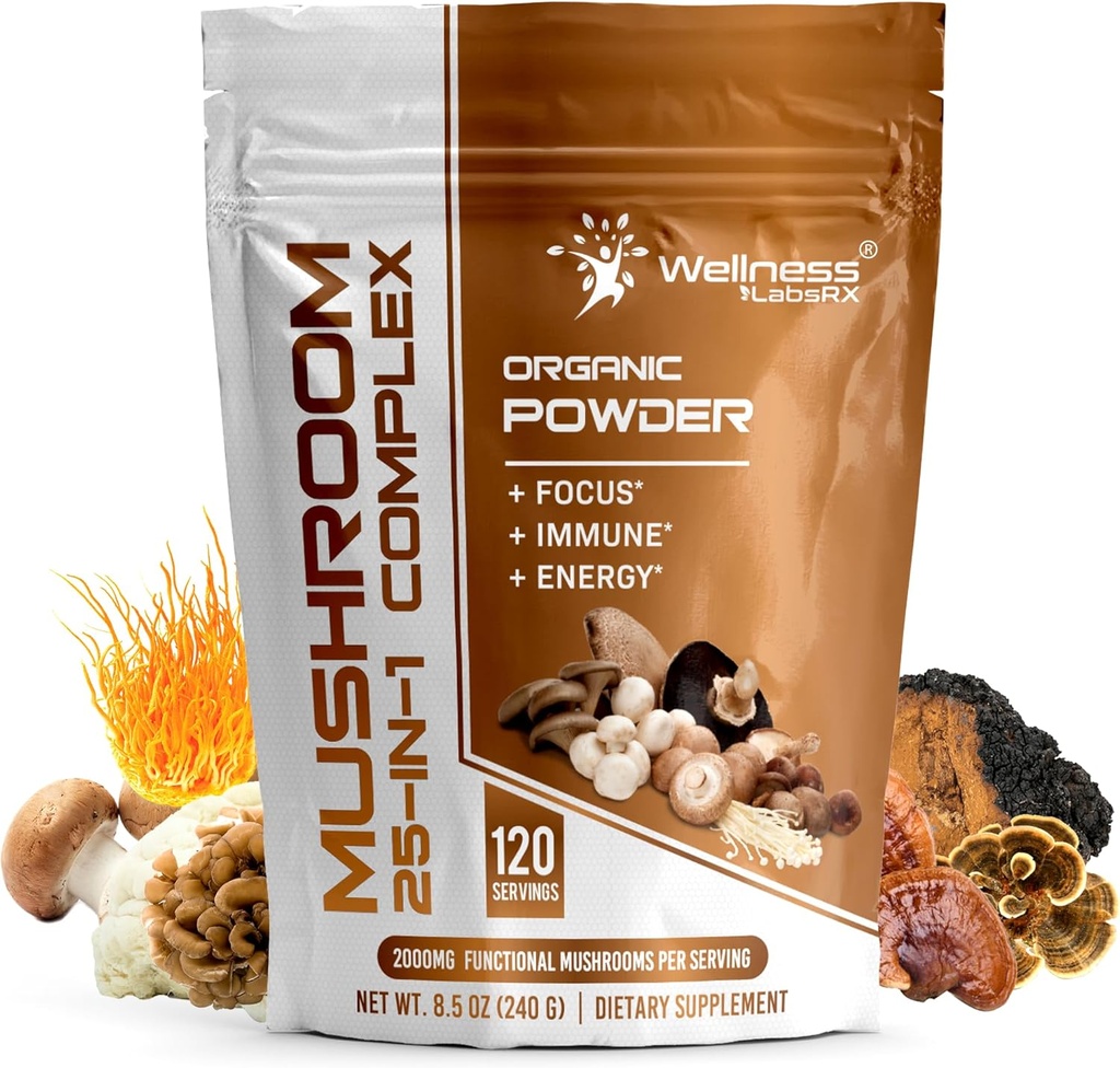 WELLNESS LABSRX Mushroom Powder, 25 en 1 Mushrooms Suplemento - 2000mg, 25 Superfood Mishroom Lions Mane Powder con Chaga, Shiitake, Cordyceps, Reishi - Lion's Mane Mushroom - 120 Servings