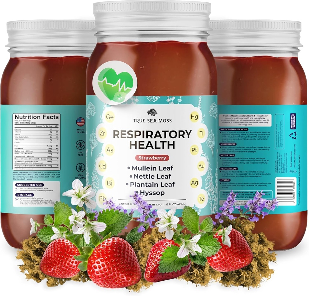 TrueSeaMoss Pro-Line Gel - Respiratory Health - 5+ Flavors - Fruit Gel with Premium Sea Moss & Potassium - Vegan-Friendly - Vitamina &amp; Mineral Rich Supplement - Made in USA (Strawberry, Pack of 1)