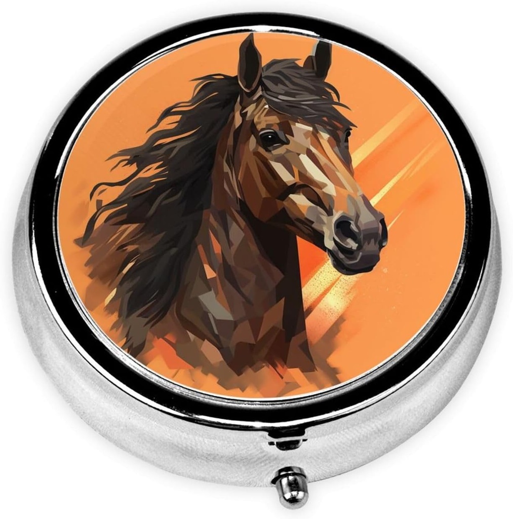 Fondo de Orange con caja de la cabeza del caballo caja de la pila de metal redondo caja de la pequeña píldora Cute 3 organizador de la píldora del apartamento portatil de la caja de la pillera Mini mantenedor para la medicina diaria suplemento vitamina