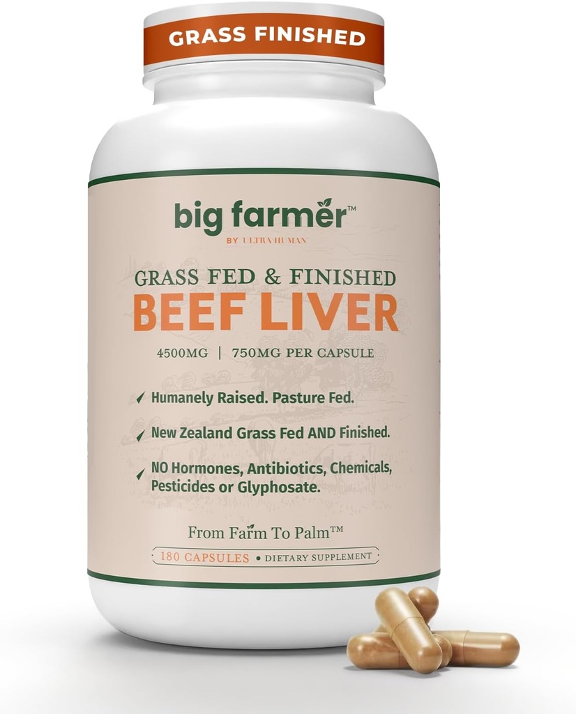 Ultra Human Big Farmer Grass-Fed & Acabado Beef Liver Capsules – 180 Ct, Apoya Energía, Detox, Digestión &amp; Inmunity, Non-GMO Desiccated Beef Organ Supplement for Liver Health & Full-Body Wellness