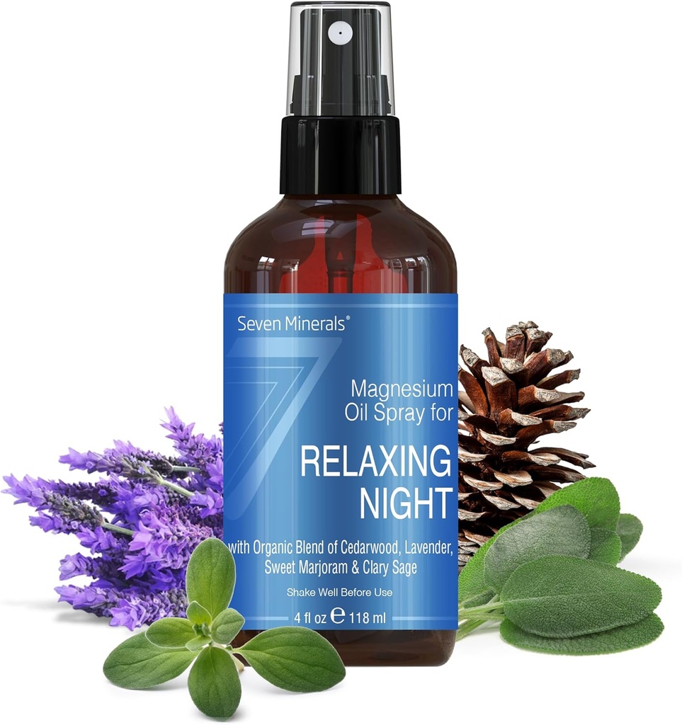 Siete Minerales Relajando la Noche Espray de Magnesio, Powerful Organic Blend of Essential Oils (Cedarwood, Lavendar, Sweet Marjoram, " Clary Sage) 4 fl oz