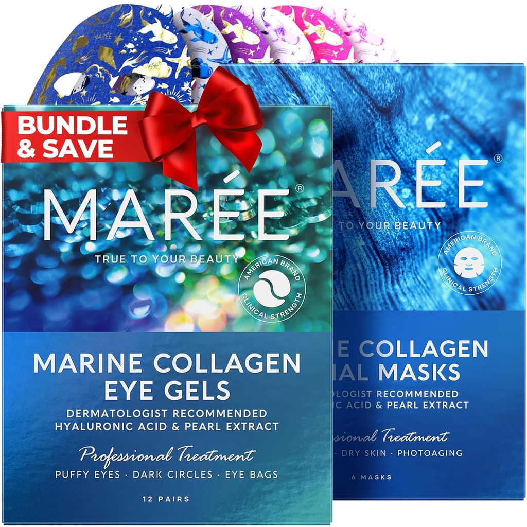 MAREE Ojo Gels &amp; Facial Masks Bundle - Bajo Ojo Gels para Ojos Puffy y Círculos Oscuros, Hoja Moisturizing Masks - Marine Collagen &amp; Hyaluronic Acid, Green &amp; Red Algae Extract - para todos los tipos de piel