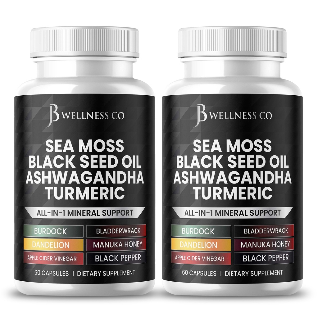 Sea Moss Black Seed Oil Ashwagandha Turmeric Bladderwrack Burdock - with Manuka, Honey Dandelion, ACV Black Pepper Gluten Free- 120 Count