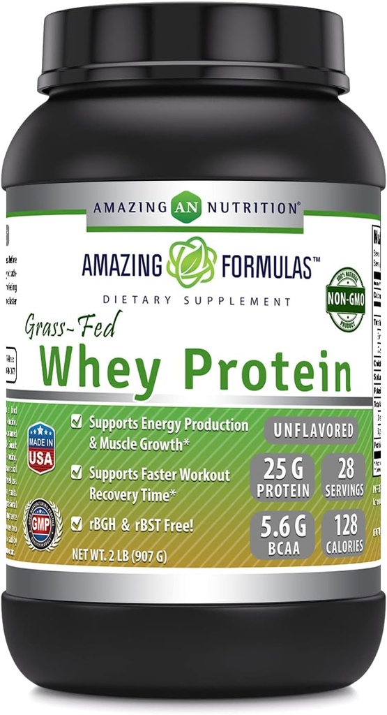 Amazing Formulas Grass-Fed Whey Protein Powder TEN 25 Grams Protein Supplement TEN Natural Sweetener and Flavor TEN Contains BCAA &amp; EAA ← Non-GMO TEN Made in USA (2 Lb, Unflavored)