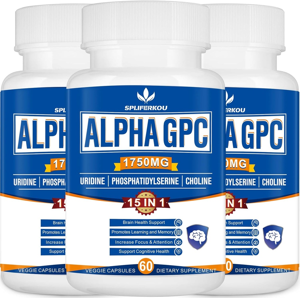 15-in-1 Suplemento GPC alfa con fosfatidilserina, Uridine, L-Theanine, Salón Mane de León, 180 cápsulas