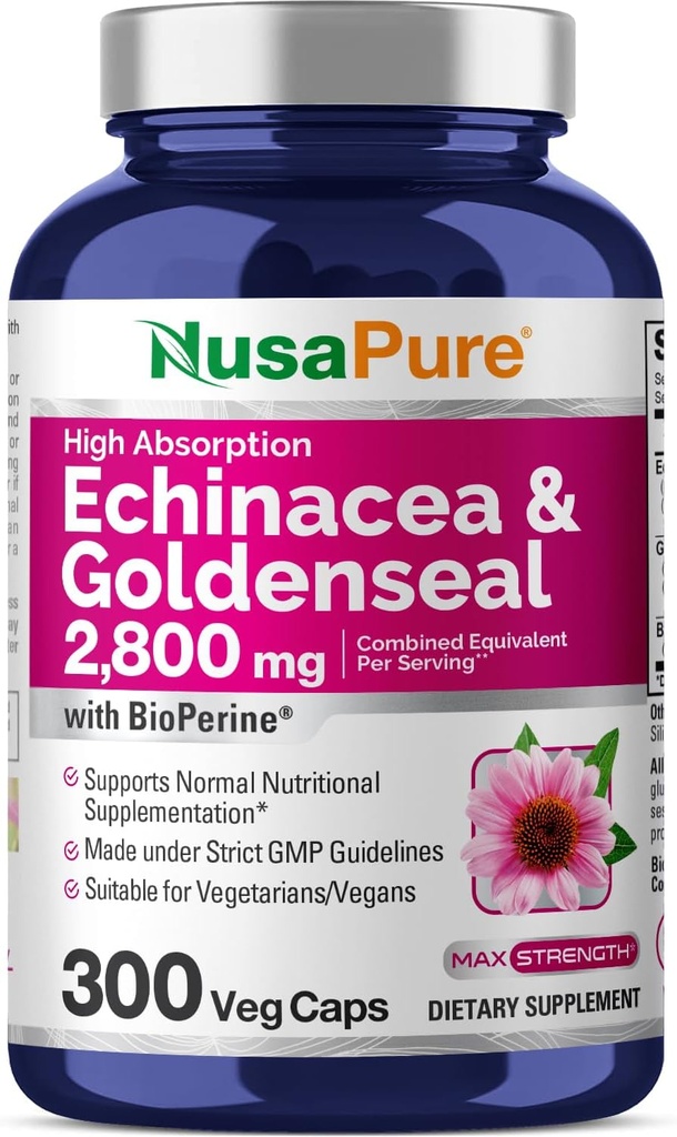 NusaPure Echinacea Goldenseal 200mg, (Extract 10:1, Equivalent to 2,000mg), 200mg, (Extract 4:1, Equivalent to 800mg) - 2800mg 300 Veggie Caps (Vegetarian, Non-GMO, Vegan)