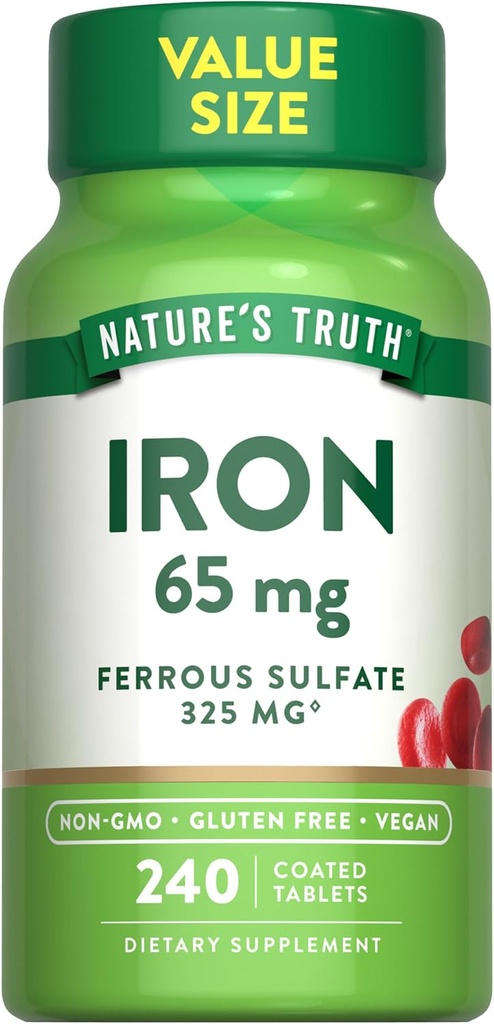 La verdad de la naturaleza Iron Tablets 65mg Silencio 240 Conde ← 325mg Ferrous Sulfate  Vegan, Non-GMO &amp; Gluten Free Supplement