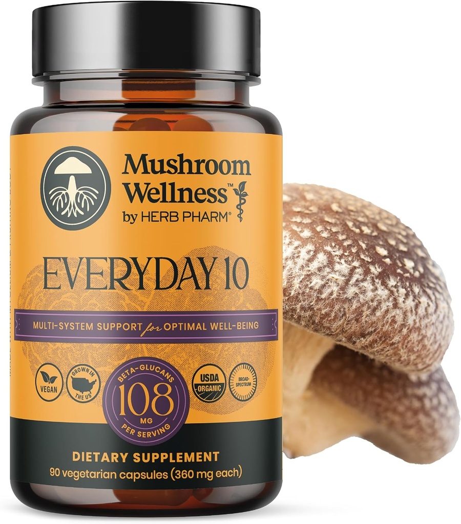 Mushroom Wellness Todos los días 10: Organic 10-in-1 Mushroom Capsules con Mane de León, Shiitake, Reishi, Turquía Tail &amp; Más, Mushroom Powder Suplemento, Immune & Nervous System Support, 90 cápsulas Vegan
