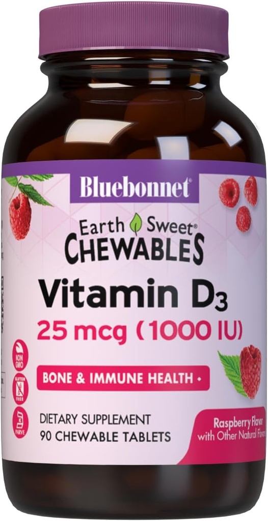Bluebonnet Nutrition EarthSweet Vitamin D3 1000IU - Bone & Immune Support Supplement - Raspberry Chewable Vitamin D Supplement for Women &amp; Hombre - Soy-Free, Gluten-Free, Non-GMO - 90 Tablets