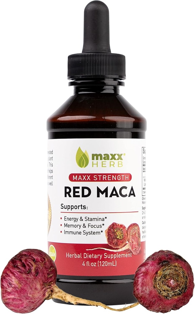 Maxx Herb Red Maca Root Extract - Max Strength Liquid Drops Absorb Better Than Powder o Capsules, for Stamina, Memory and Focus - 4 Oz Bottle (60 Servings)