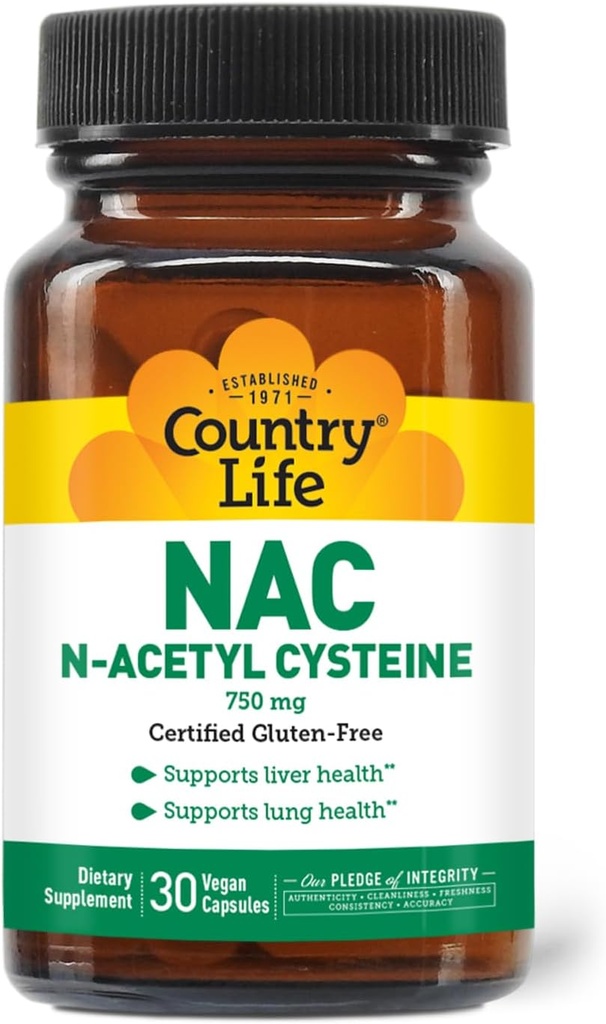 Country Life N-Acetyl Cysteine (NAC) 750 mg – Premium Liver Support and Lung Health Supplement – Powerful Antioxidant Protection, Liver Detox &amp; Cleanse, Immune Support, 30 Vegetarian Capsules