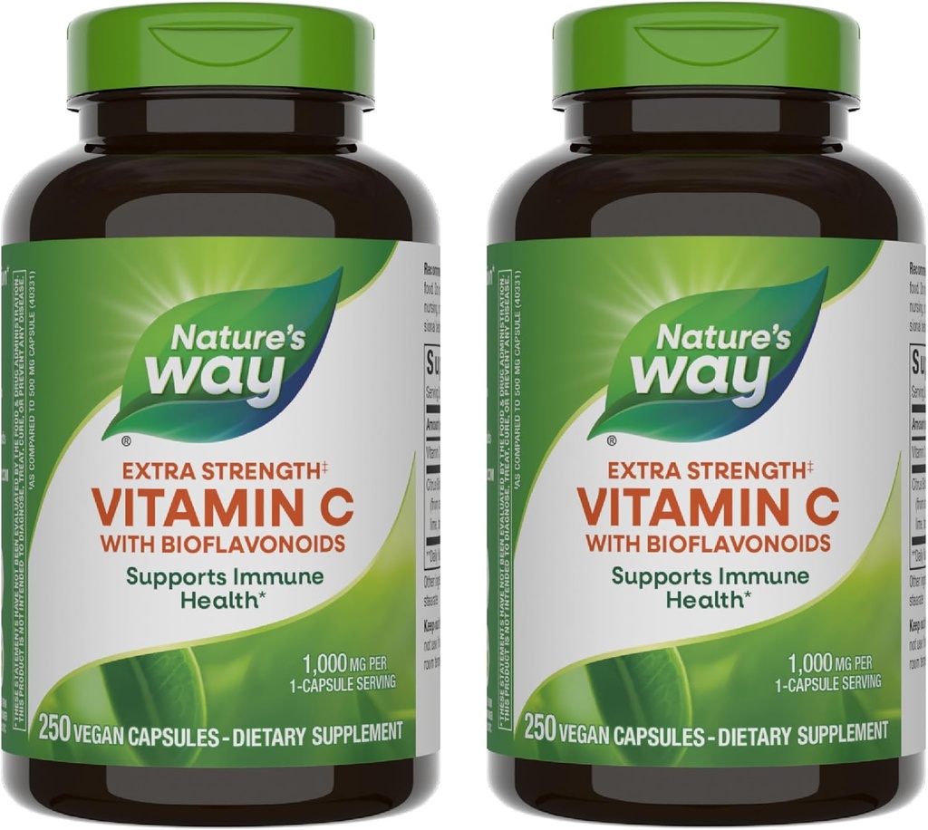 Manera de la naturaleza Extra Strength(1) Vitamina C con Bioflavonoides, apoya la salud inmunitaria*, promueve la producción de colágeno para la piel sana*, 1.000 mg por cápsula, 250 cápsulas veganas (paquete mayo Vary)