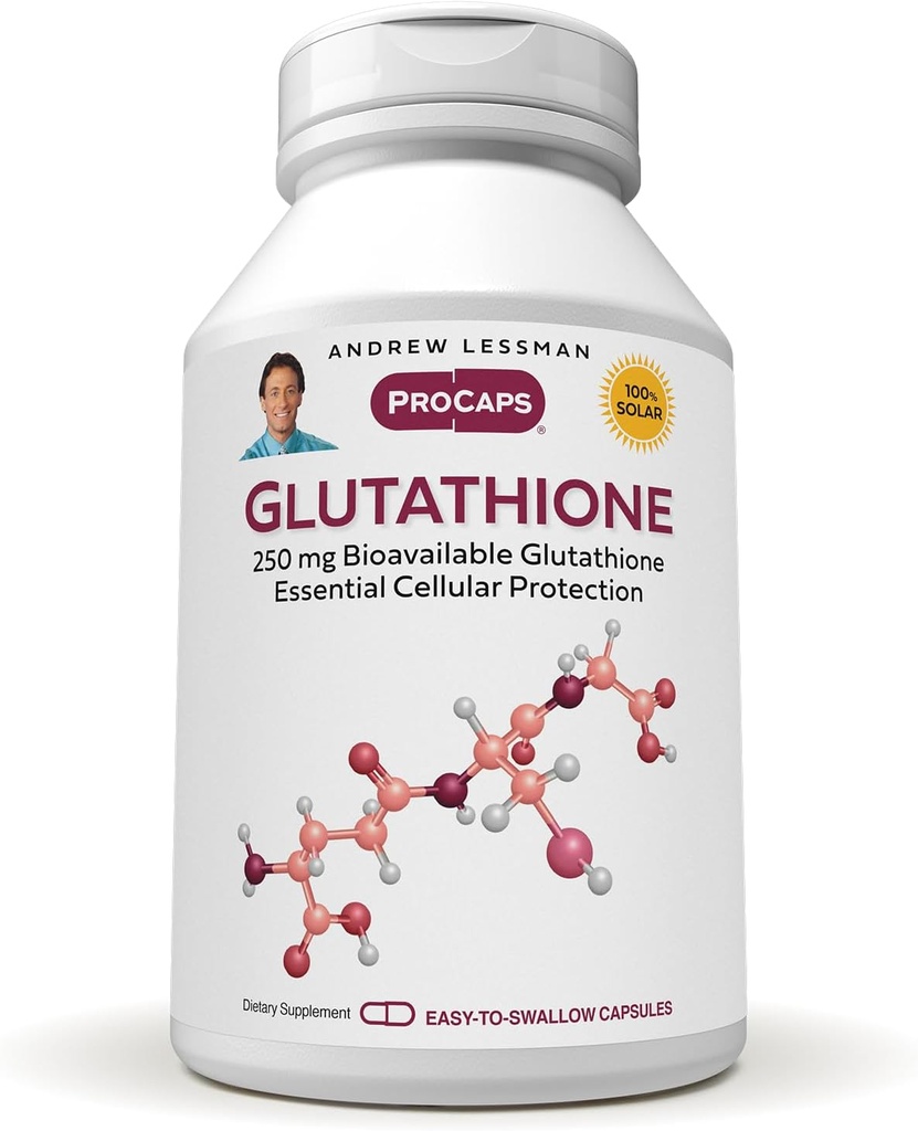 ANDREW LESSMAN Glutathione 250 mg - 120 cápsulas - potente antioxidante, reduce la tensión oxidativa. Biodisponible, protege células, tejidos, órganos. Apoya la Salud Inmune. Cápsulas fáciles de cambiar.