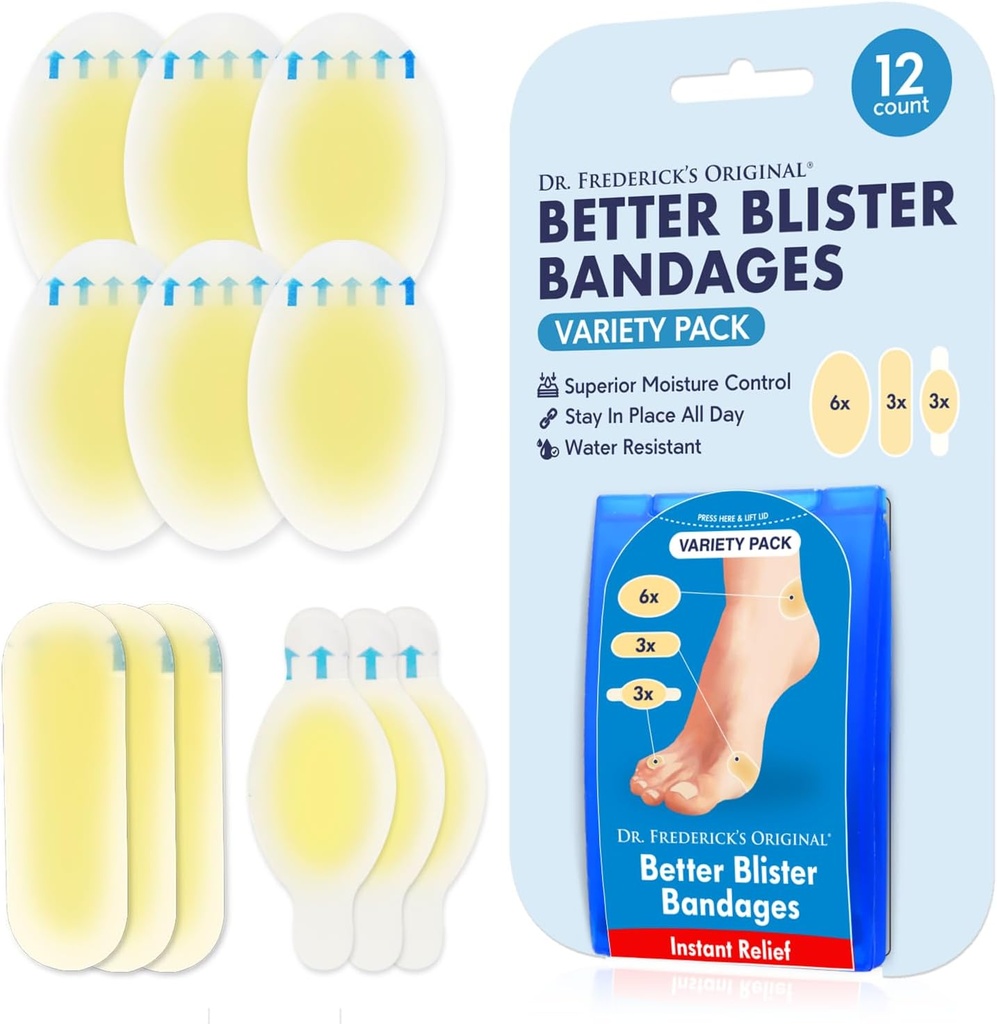 Bandages de mejor ampollas del Dr. Frederick - 12ct - Resistant de agua - 40% más Cushioning - Bandages de hidrocoloides para pies, pies, tacón - Blister Pads for Prevention & Recovery - Vaiety Pack