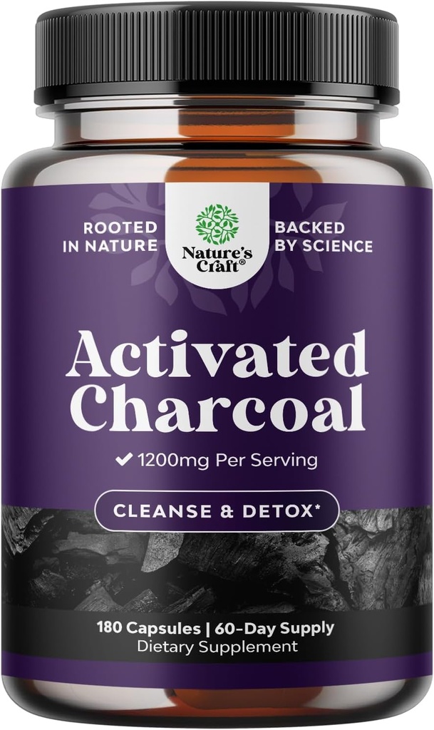 Natures Craft Activated Charcoal Pills Detox &amp; Cleanse - Purifying Coconut Capsules with 1200 mg Por Serving for Bloating Relief - Active Detox Supplement for Body & Gut Health -180 Count