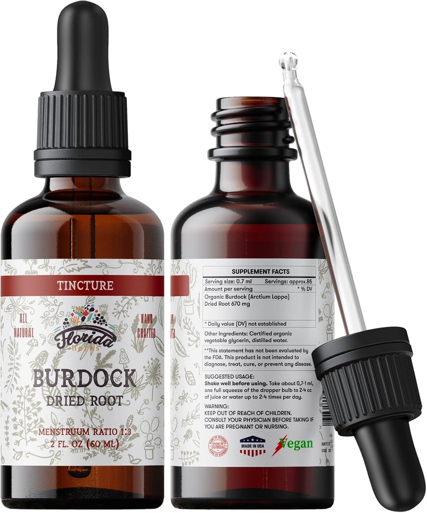 Burdock Tincture, Extracto de Burdock orgánico de raíz seca (Arctium Lappa) gotas de Burdock, no GMO en Glice vegetal orgánico presidida Glicerina 2 oz, 670 mg