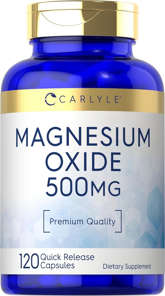 Carlyle Magnesium Oxide 500mg tención 120 Capsules ← Premium Quality ← No GMO y Gluten Suplemento gratuito