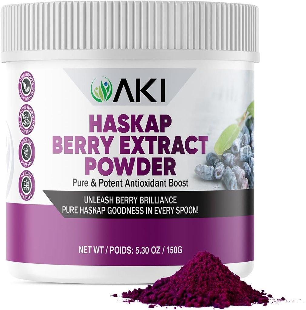 AKI Haskap Berry Extract Powder - Rich in Antioxidants, Vitamin-C & Polyphenols - Extracted from Quality Dried Berries - No Añadido Artificial Flavors &amp; Coloring - Boost Energy Level (5.30Oz/150g)