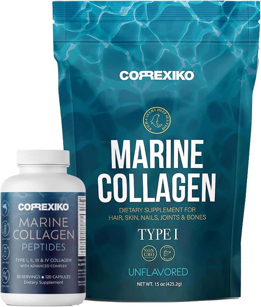 CORREXIKO Marine Collagen Supplement Pills &amp; Powder Bundle 1 Month Supply - Incluye 10.000 mg Double Hydrolyzed Collagen Powder 15oz " 1800mg Collagen Peptides 120 cápsulas - para el cabello, piel " uñas