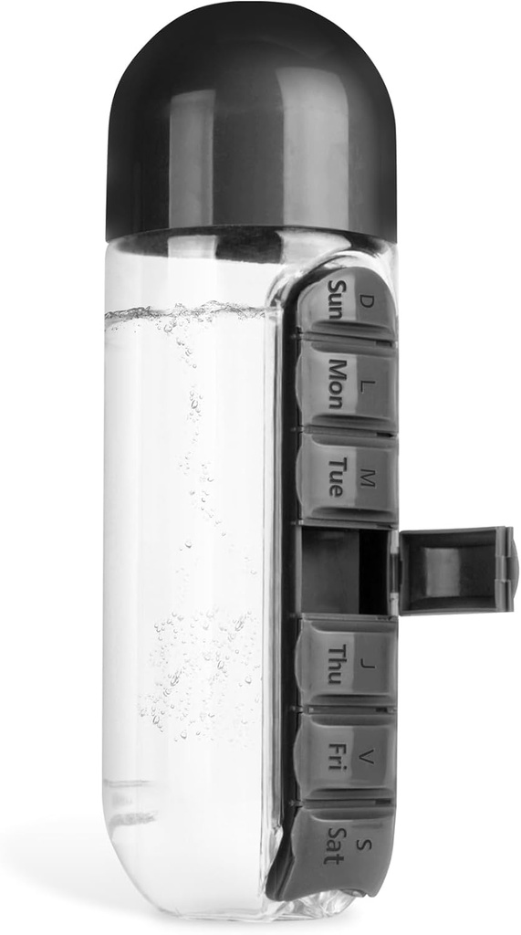 Copa de agua de la caja de la medicina,2 en 1 Caja de almacenamiento de la botella de agua de la botella de agua,20 oz Daily Sports Water Bottle with Pill Box Organizer 7 Days Capsule Organizer, Black