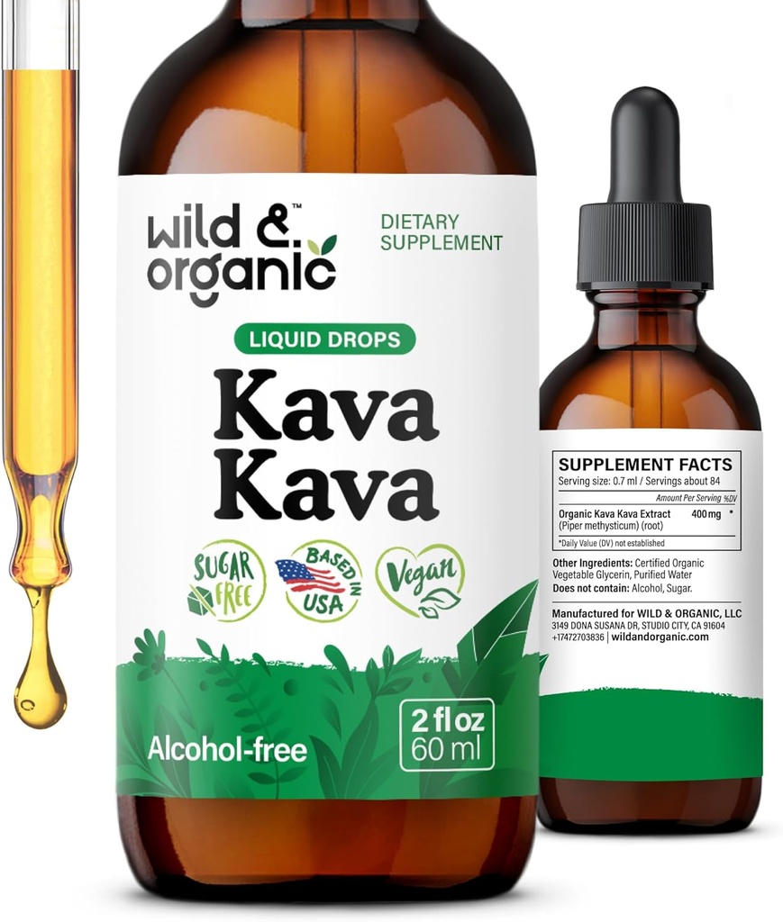Wild & Organic Kava Kava Tincture 400 mg - Mood Support Supplement - Calming Root Extract Liquid Drops - 2-Month Supply - Vegan, Sugar " Alcohol-Free Drops - 2 fl oz
