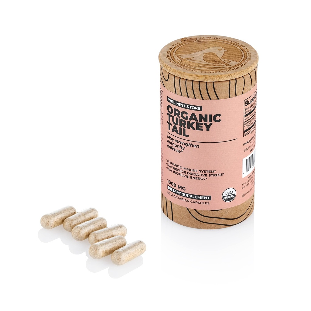 Turquía Tail Organic Mushroom (Trametes Extract) 60 Veggie Caps - Immune Support Supplement; Promotes Growth of Beneficial Bacteria in The Gut + Boost Energy